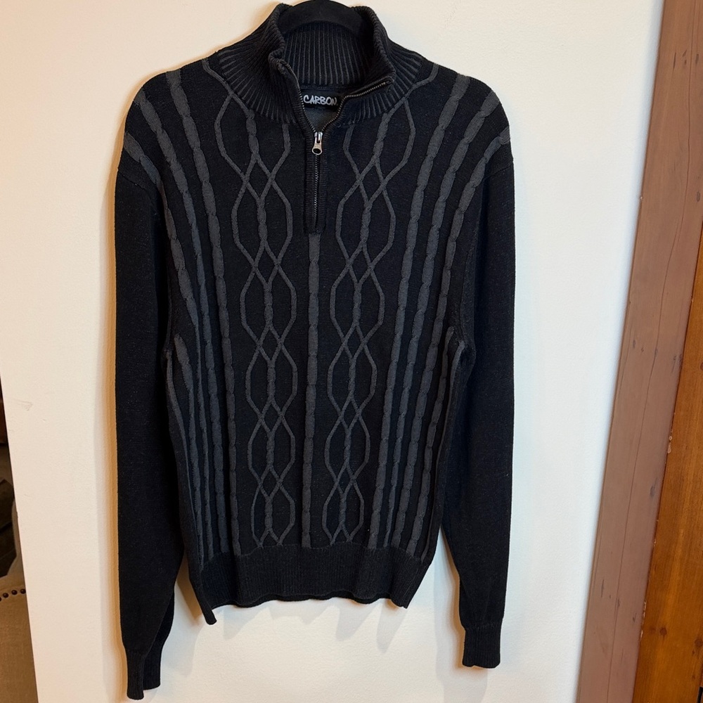 Carbon Men's Black and Gray Quarter Zip Cable Knit Geometric Pattern Sweater